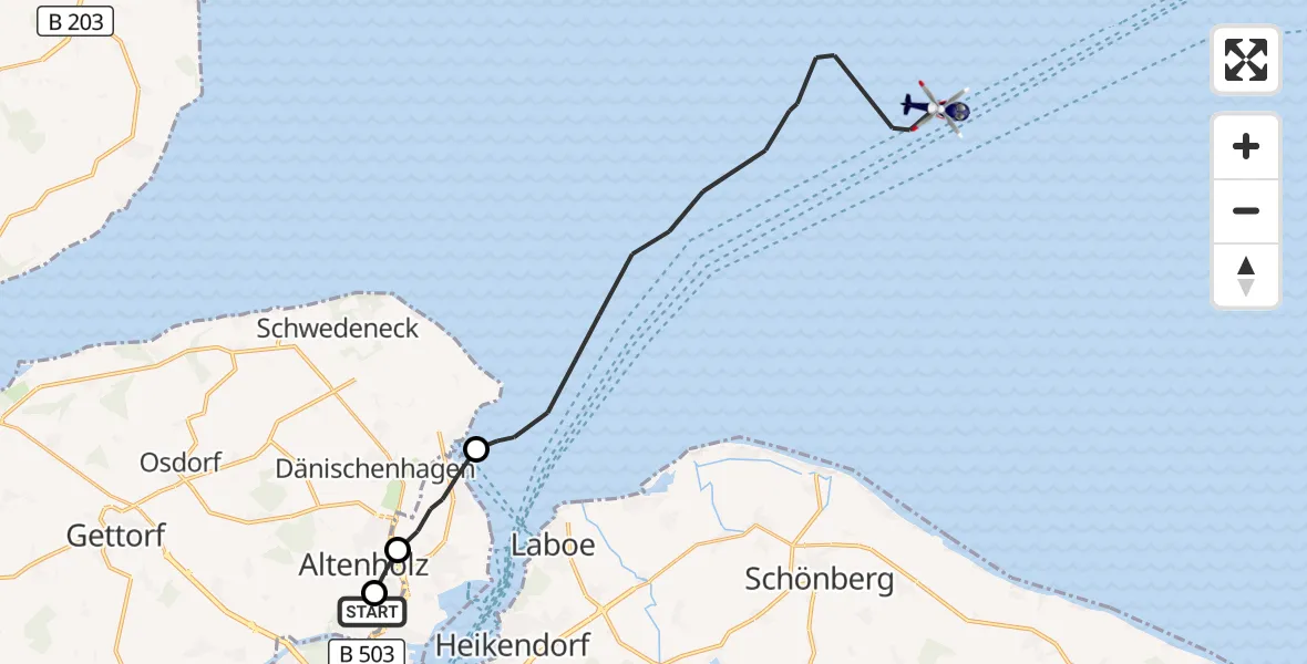 Flugroute Polizeihubschrauber Kiel-Holtenau Flughafen - Strande, 08 Oktober 2026, 13:49
