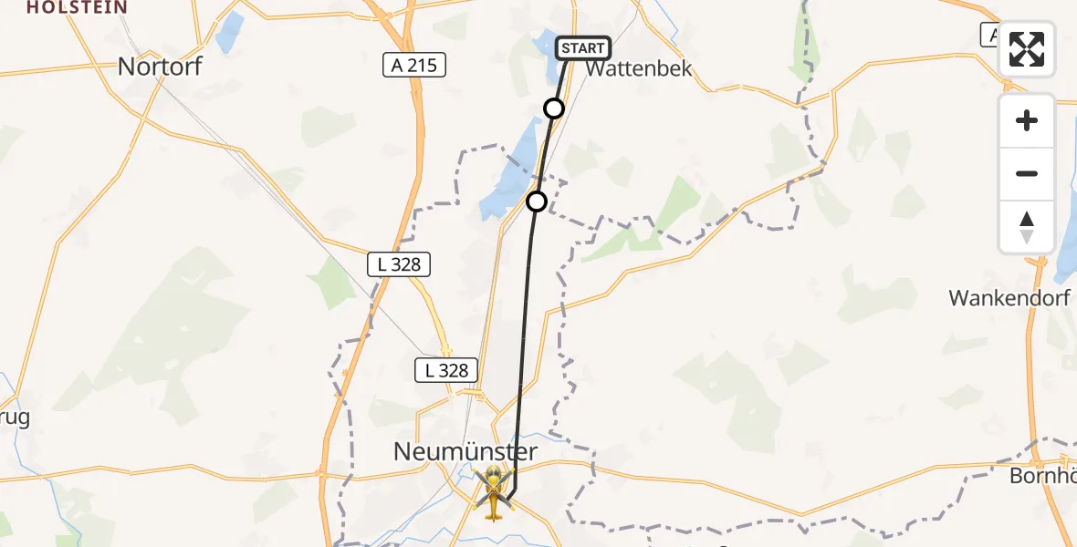 Flugroute Ambulanzhubschrauber Bordesholm - Neumünster, 08 Oktober 2026, 13:50