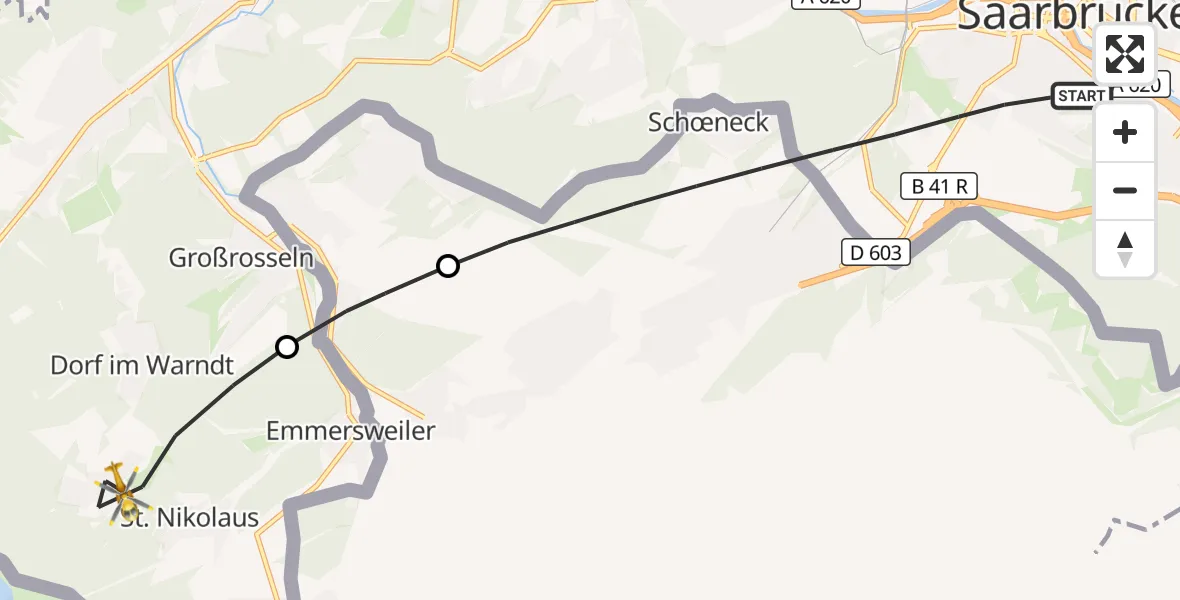 Flugroute Rettungshubschrauber Saarbrücken - Großrosseln, 08 Oktober 2026, 13:51