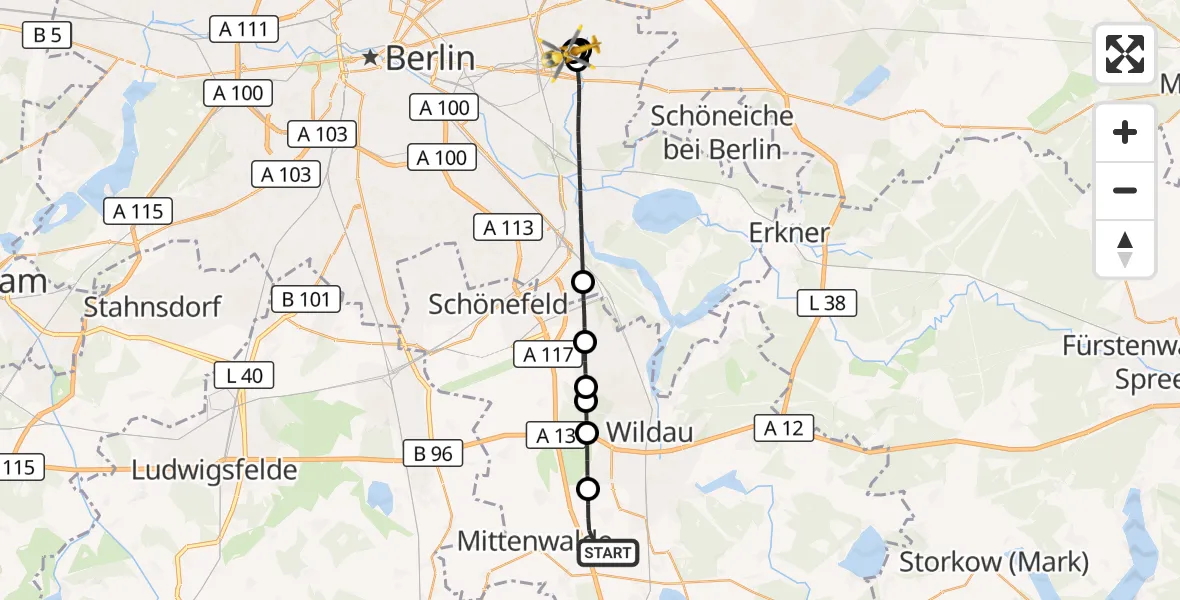 Flugroute Rettungshubschrauber Mittenwalde - Berlin Emergency Hospital, 08 Oktober 2026, 14:06