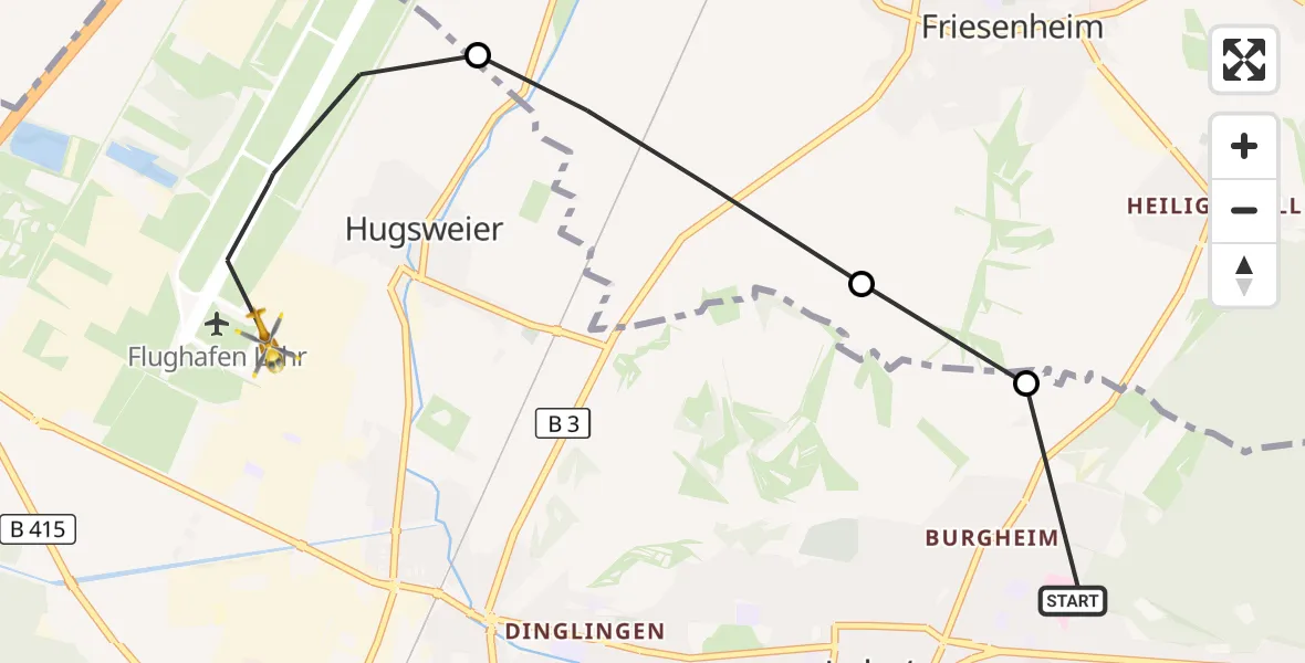 Flugroute Rettungshubschrauber Ortenau Hospital Lahr-Ettenheim - Lahr Flughafen, 08 Oktober 2026, 14:07