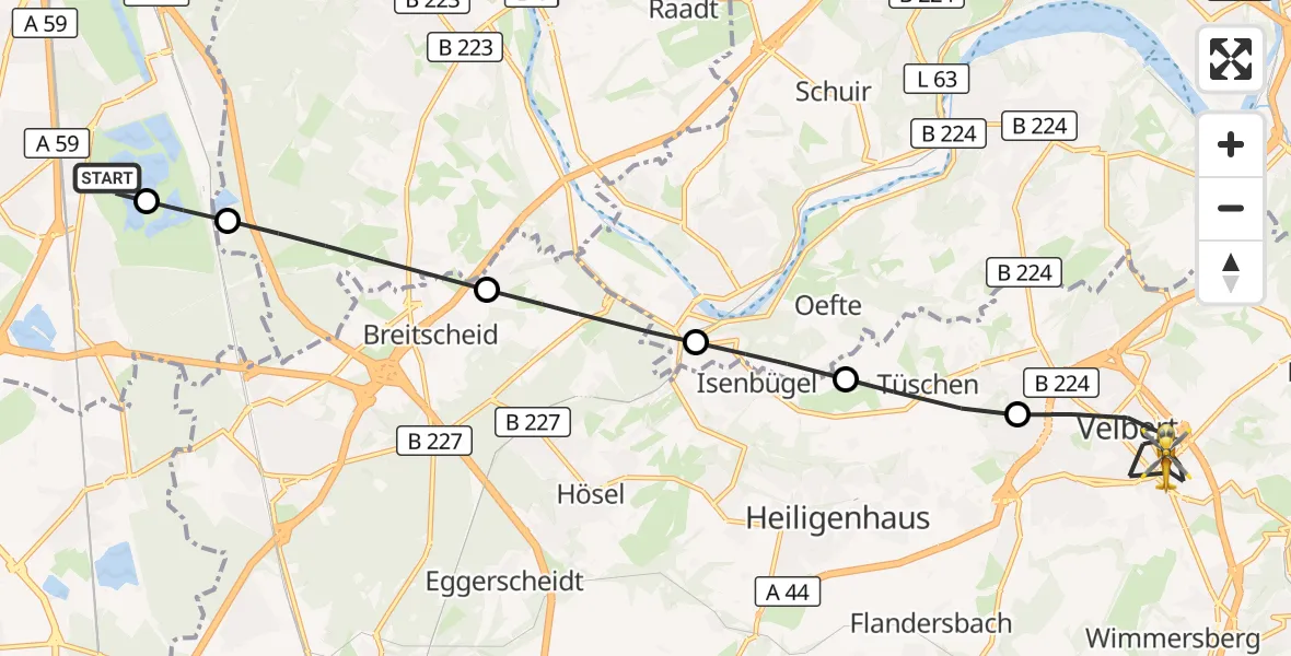 Flugroute Rettungshubschrauber Duisburg Air Rescue Hubschrauberlandeplatz (Christoph 9) - Velbert, 08 Oktober 2026, 14:12