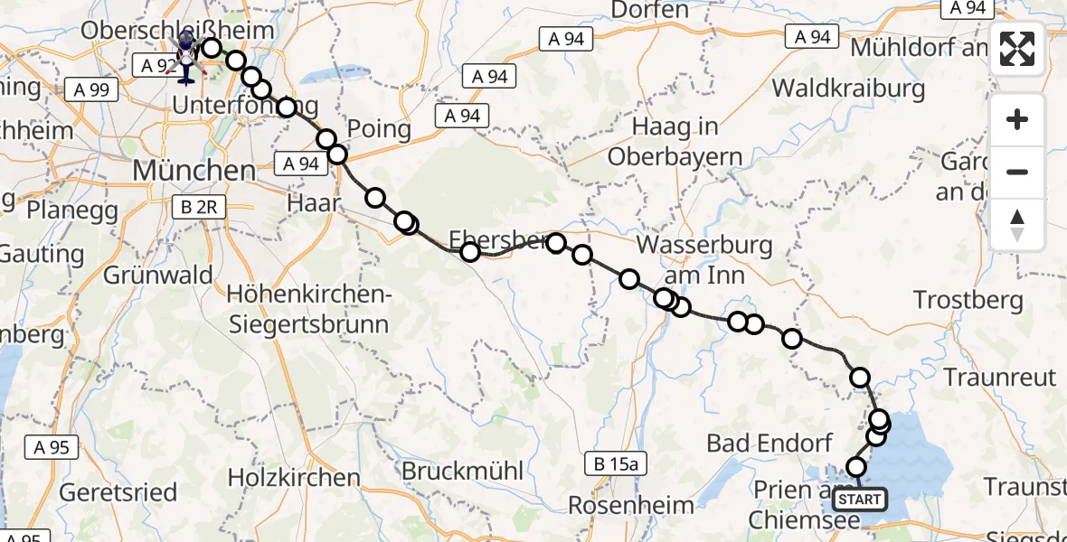 Flugroute Polizeihubschrauber Chiemsee (See) - Oberschleißheim, 08 Oktober 2026, 14:30