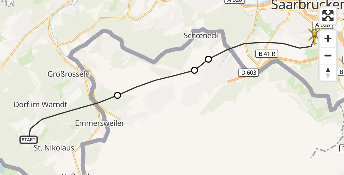 Flugroute Rettungshubschrauber Großrosseln - Saarbrücken, 08 Oktober 2026, 14:41