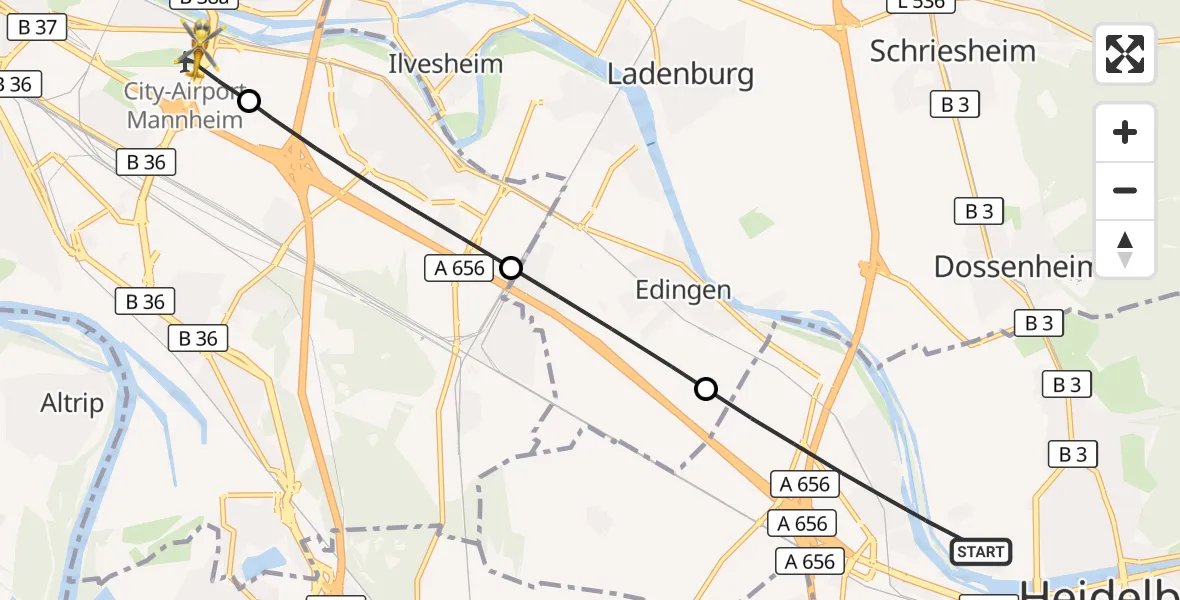 Flugroute Rettungshubschrauber Heidelberg - Mannheim-City Flughafen, 08 Oktober 2026, 14:44