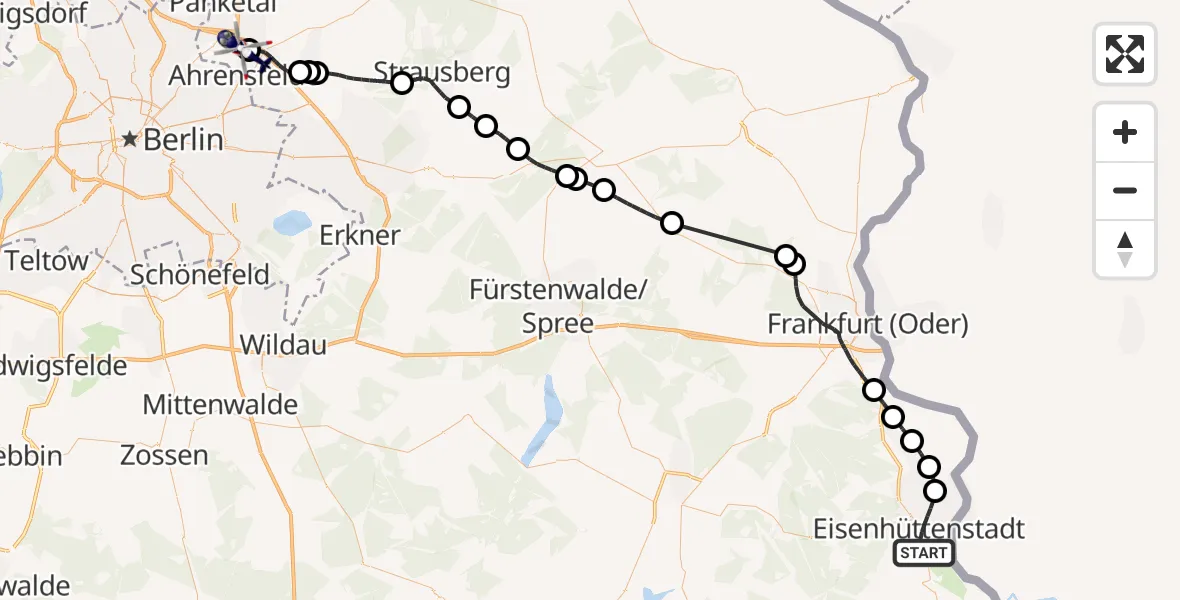 Flugroute Polizeihubschrauber Eisenhüttenstadt - Ahrensfelde Hubschrauberlandeplatz, 08 Oktober 2026, 14:47