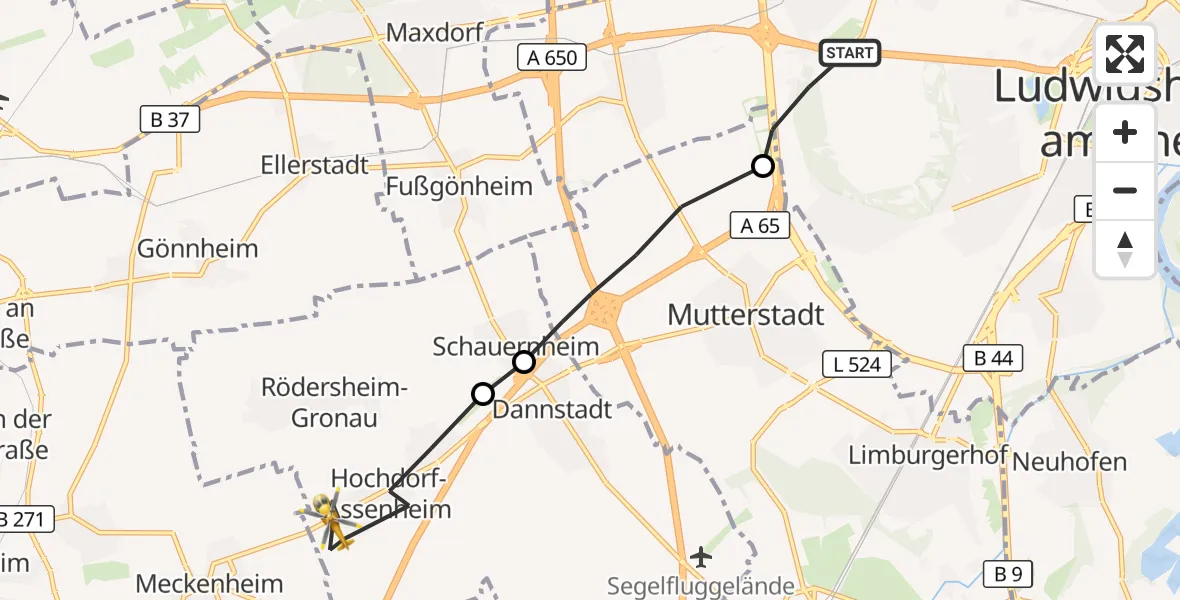 Flugroute Rettungshubschrauber Ludwigshafen am Rhein - Hochdorf-Assenheim, 08 Oktober 2026, 14:56