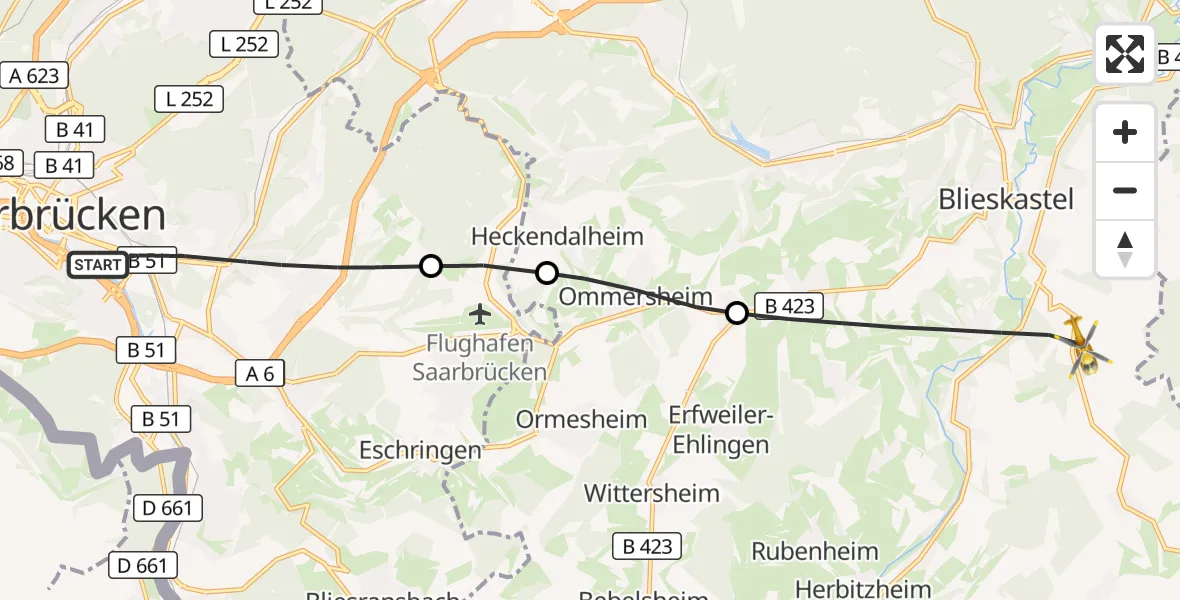 Flugroute Rettungshubschrauber Saarbrücken - Blieskastel, 08 Oktober 2026, 15:03