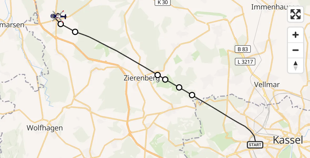 Flugroute Polizeihubschrauber Kassel - Breuna, 08 Oktober 2026, 15:14