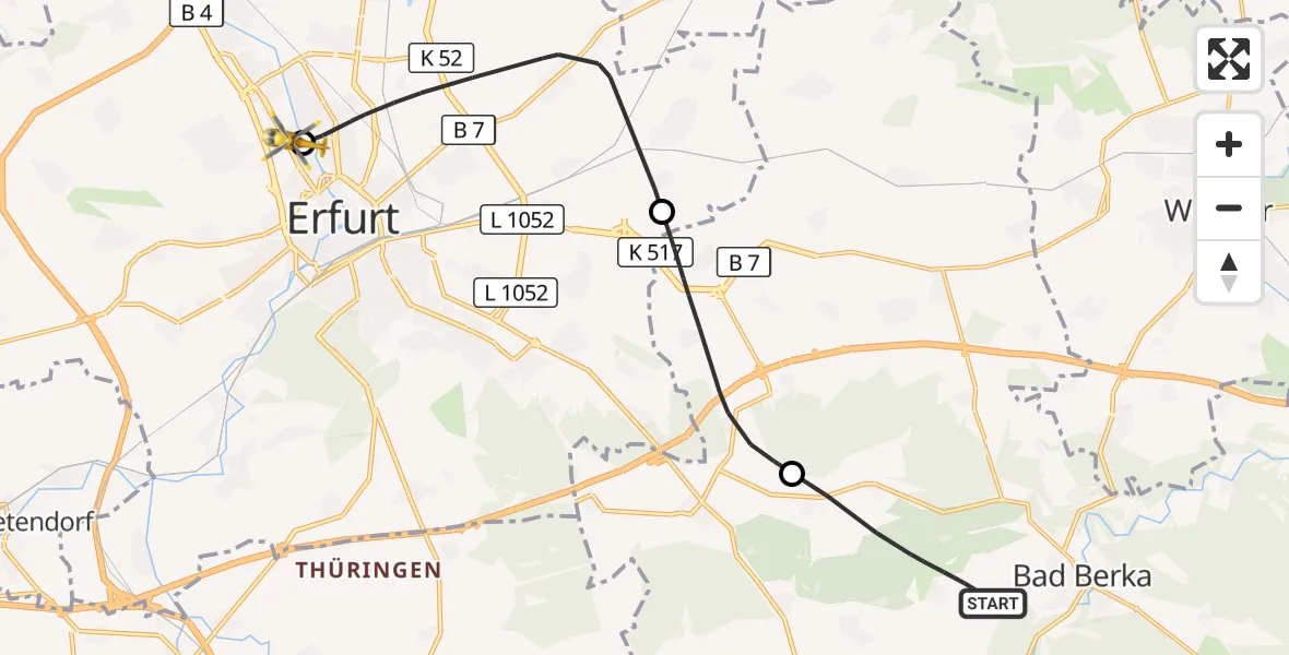 Flugroute Ambulanzhubschrauber Bad Berka - Helios Clinic Erfurt, 08 Oktober 2026, 15:21