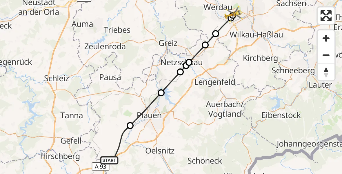 Flugroute Rettungshubschrauber Weischlitz - ADAC Air Rescue Station Zwickau Hubschrauberlandeplatz, 08 Oktober 2026, 15:30