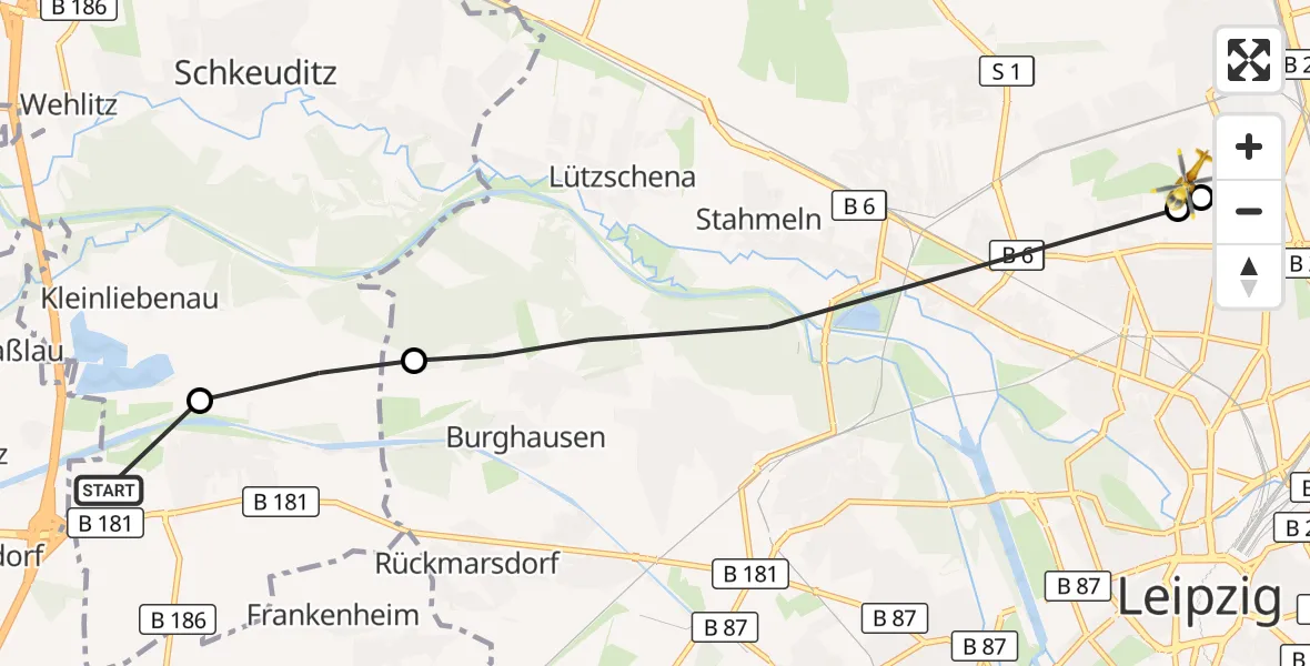 Flugroute Rettungshubschrauber ADAC Air Rescue Station Leipzig/Schkeuditz-Dölzig Hubschrauberlandeplatz (Christoph 61) - Sankt Georg Hospital Leipzig Reserve, 08 Oktober 2026, 15:32