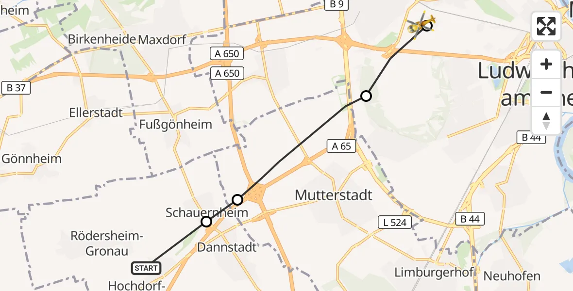 Flugroute Rettungshubschrauber Hochdorf-Assenheim - Ludwigshafen Accident Hospital, 08 Oktober 2026, 15:38