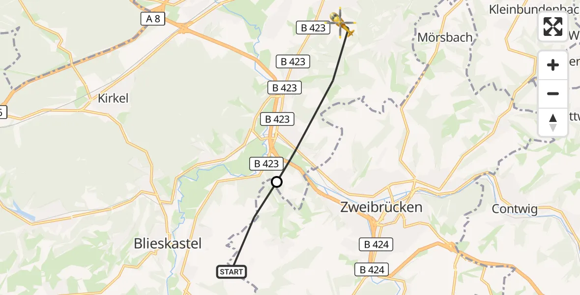 Flugroute Rettungshubschrauber Blieskastel - Homburg, 08 Oktober 2026, 15:38