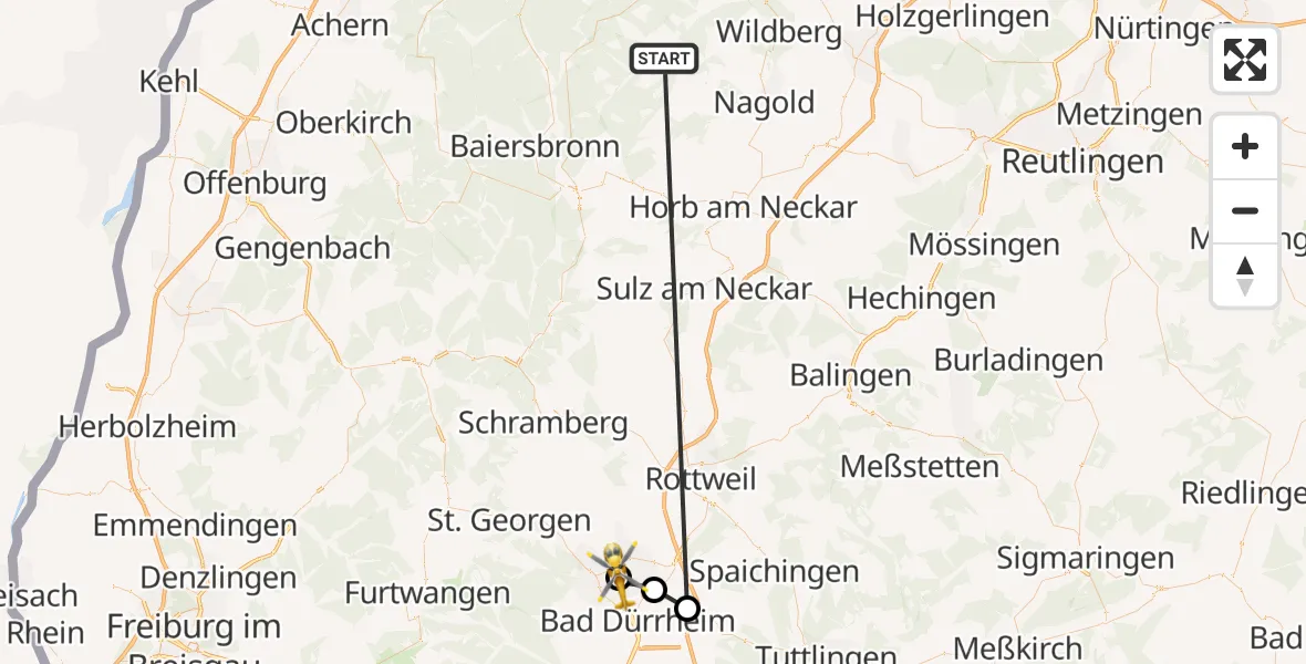 Flugroute Ambulanzhubschrauber Altensteig - DRF Air Rescue Station Villingen-Schwenningen Hubschrauberlandeplatz (Christoph 11), 08 Oktober 2026, 15:39