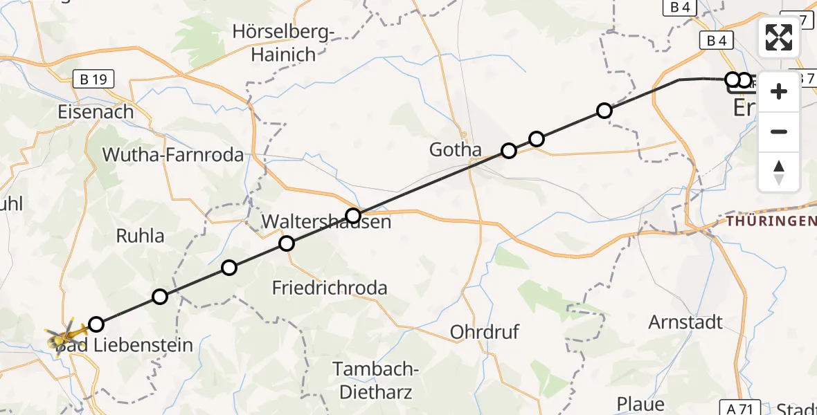 Flugroute Ambulanzhubschrauber Helios Clinic Erfurt - Bad Salzungen, 08 Oktober 2026, 15:45