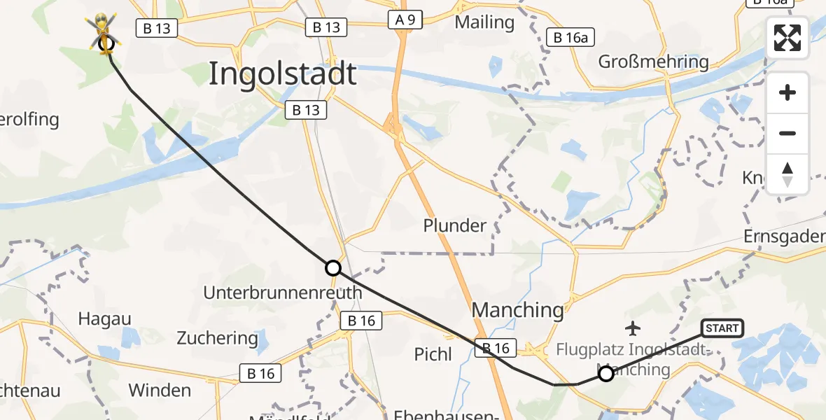 Flugroute Rettungshubschrauber Ingolstadt Manching Flughafen - Ingolstadt Hospital, 08 Oktober 2026, 15:45