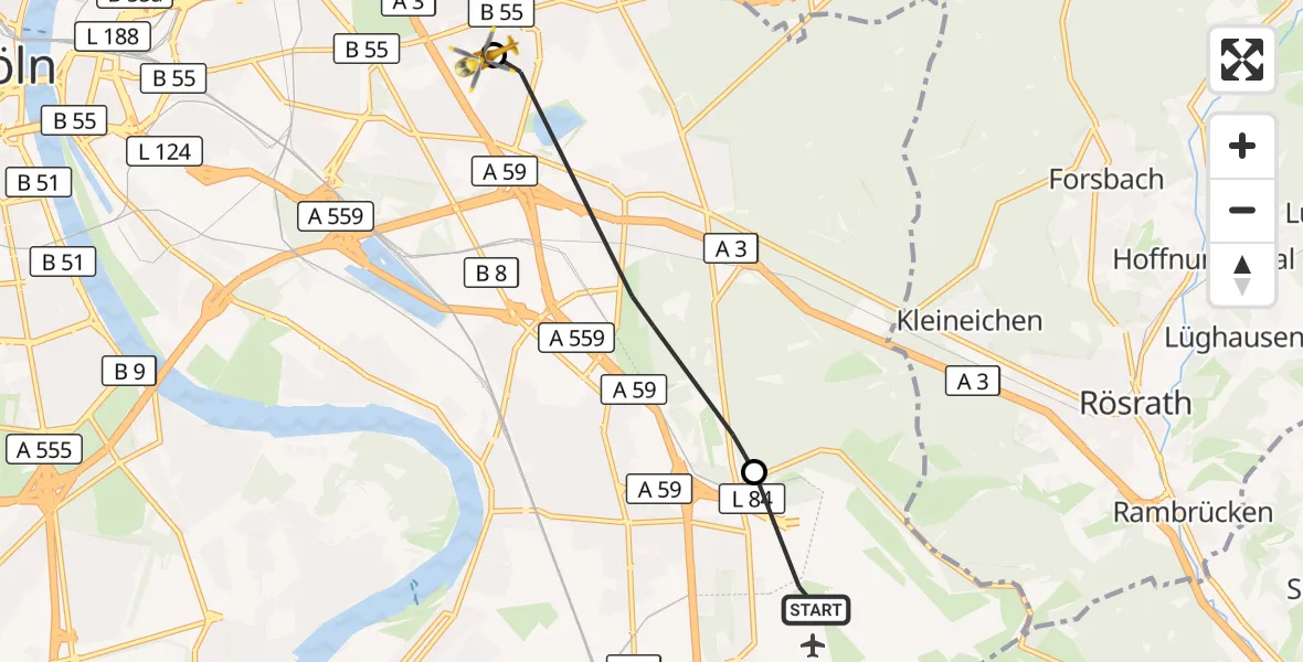 Flugroute Rettungshubschrauber Köln Bonn Flughafen - Merheim Hospital, 08 Oktober 2026, 15:54