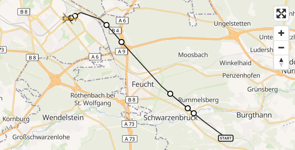 Flugroute Rettungshubschrauber Burgthann - Nürnberg South Hospital, 08 Oktober 2026, 15:58