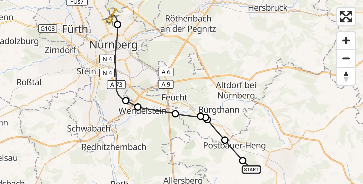 Flugroute Ambulanzhubschrauber Berngau - Flughafen Nuremberg, 08 Oktober 2026, 15:59