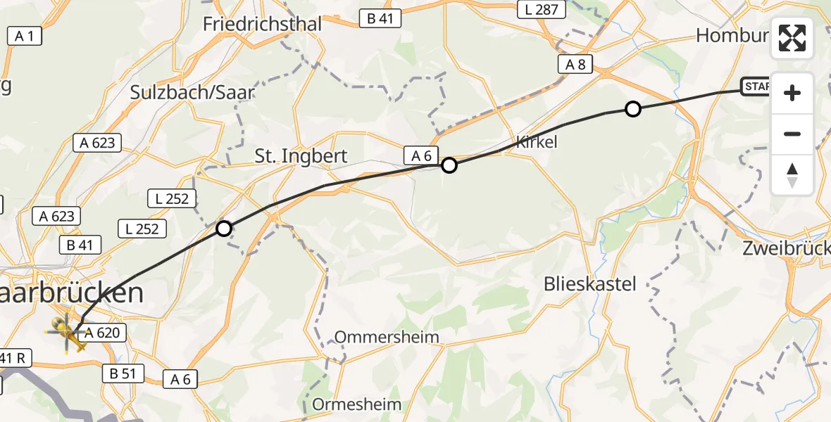 Flugroute Rettungshubschrauber Homburg - Saarbrücken, 08 Oktober 2026, 16:03
