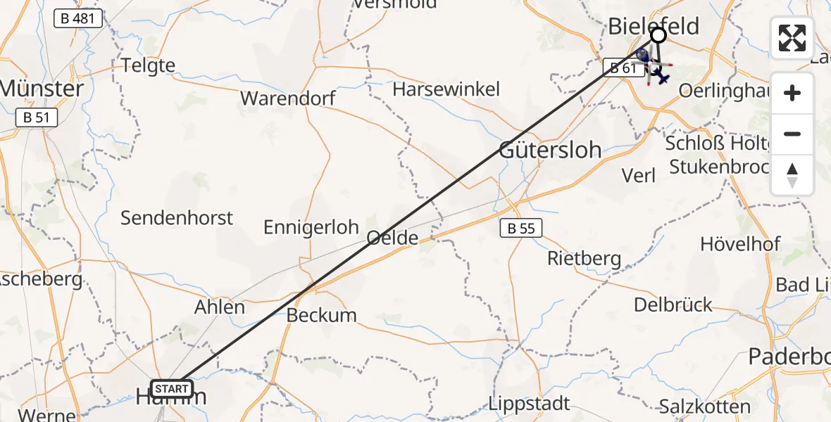 Flugroute Polizeihubschrauber Hamm-Lippewiesen Flugplatz - Luftrettungszentrum Bielefeld, 08 Oktober 2026, 16:08