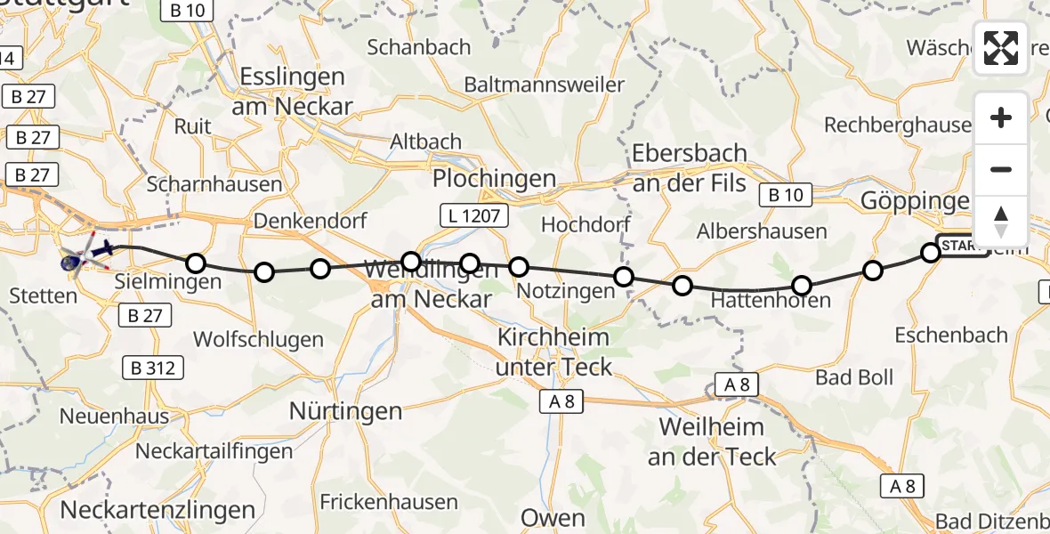 Flugroute Polizeihubschrauber Göppingen - Flughafen Stuttgart, 08 Oktober 2026, 16:11