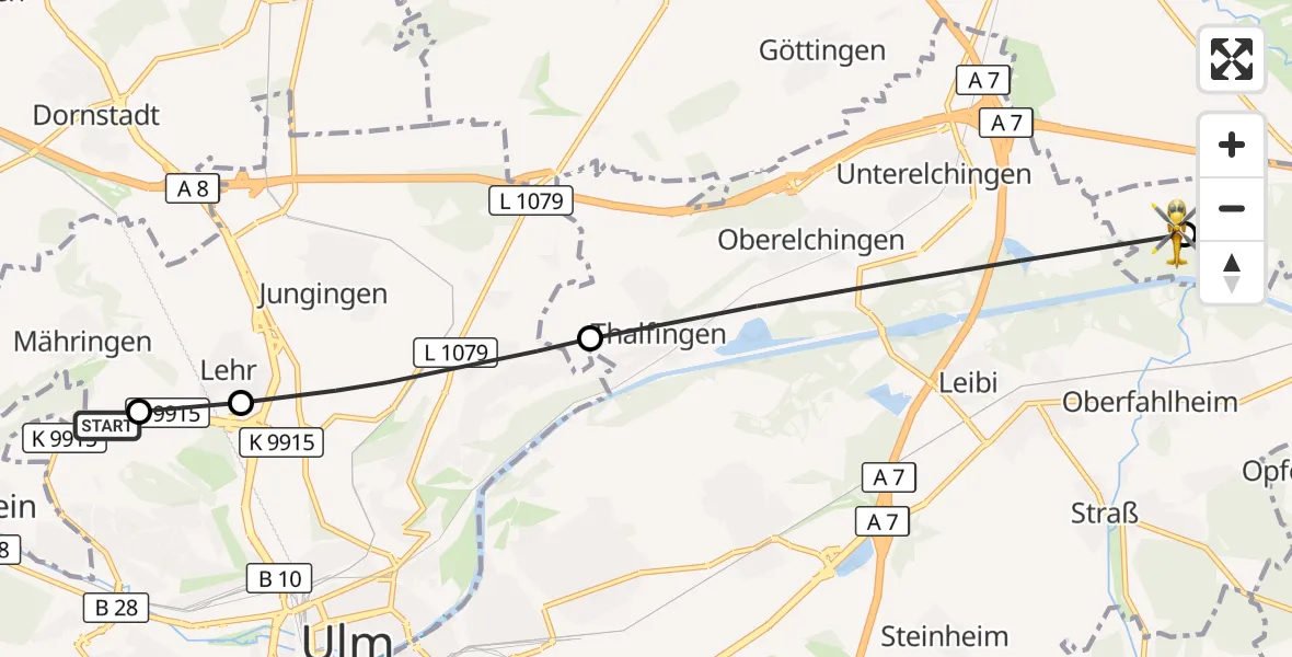 Flugroute Rettungshubschrauber Ulm Military Hospital Emergency - Leipheim, 08 Oktober 2026, 16:11