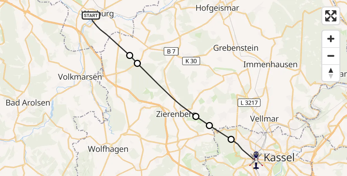 Flugroute Polizeihubschrauber Warburg - Kassel, 08 Oktober 2026, 16:16