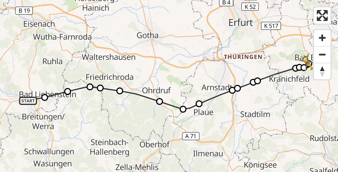 Flugroute Ambulanzhubschrauber Barchfeld-Immelborn - Bad Berka Central Hospital, 08 Oktober 2026, 16:22