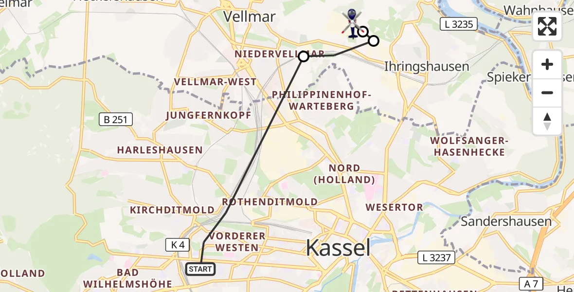 Flugroute Polizeihubschrauber Kassel - Fuldatal Bundespolizei Hubschrauberlandeplatz, 08 Oktober 2026, 16:47