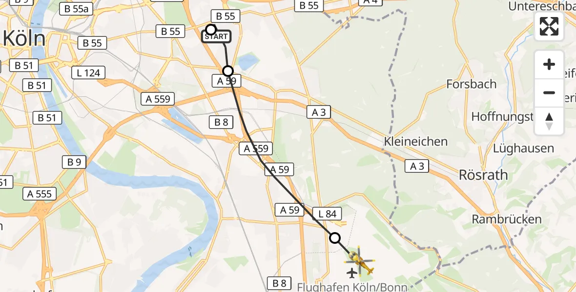 Flugroute Rettungshubschrauber Merheim Hospital - Köln Bonn Flughafen, 08 Oktober 2026, 16:50