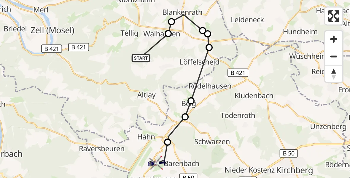 Flugroute Polizeihubschrauber Peterswald-Löffelscheid - Flughafen Frankfurt-Hahn, 08 Oktober 2026, 18:16