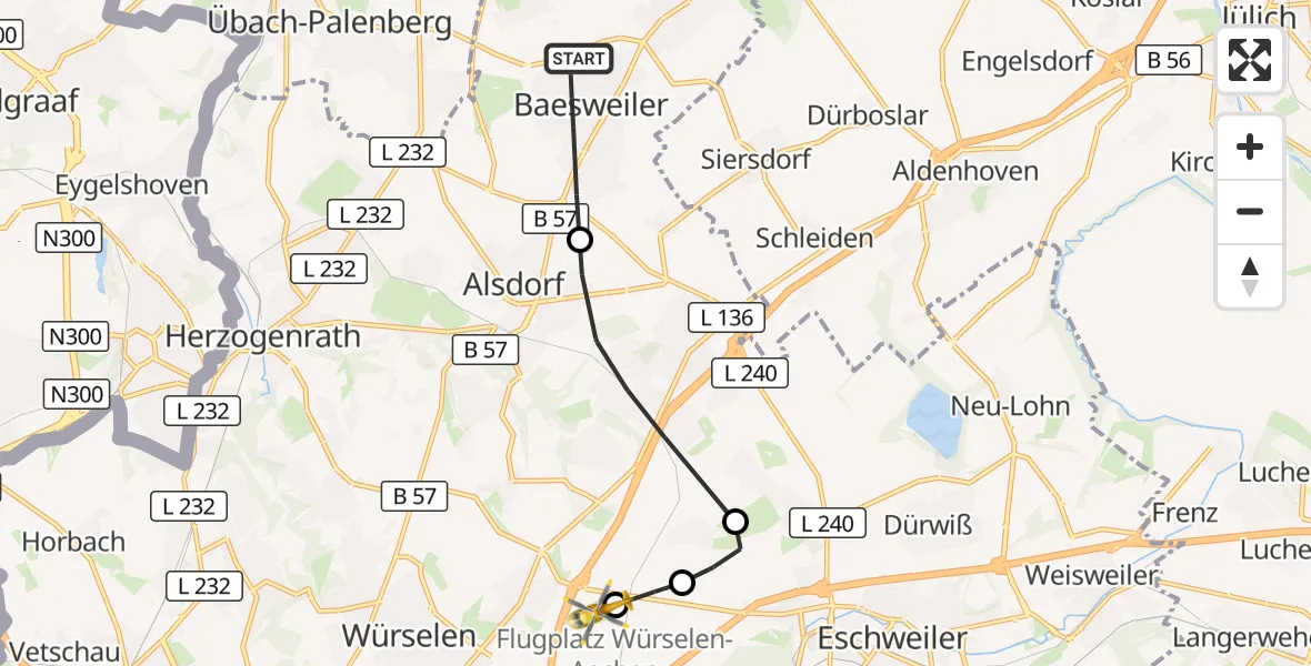 Flugroute Rettungshubschrauber Baesweiler - Aachen-Merzbrück Flughafen, 08 Oktober 2026, 18:29
