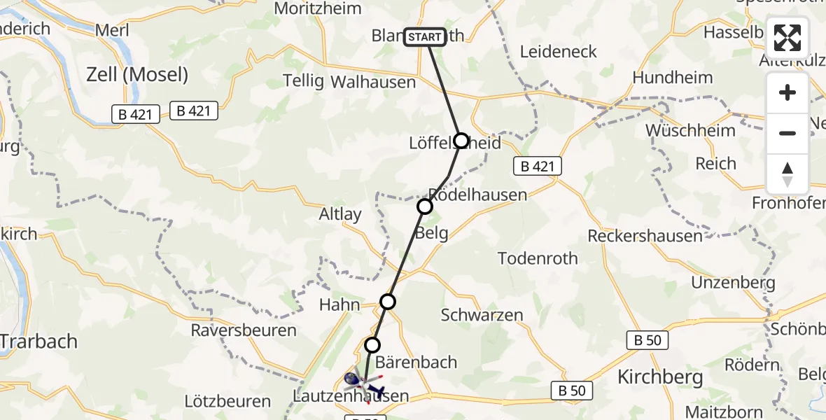 Flugroute Polizeihubschrauber Blankenrath - Flughafen Frankfurt-Hahn, 08 Oktober 2026, 18:32