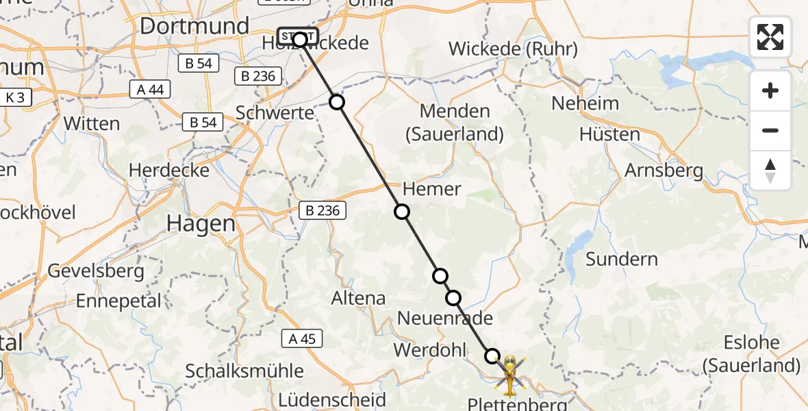 Flugroute Rettungshubschrauber Dortmund - Plettenberg, 08 Oktober 2026, 19:34