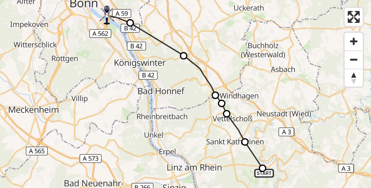 Flugroute Polizeihubschrauber Hausen (Wied) - Bonn, 08 Oktober 2026, 19:48