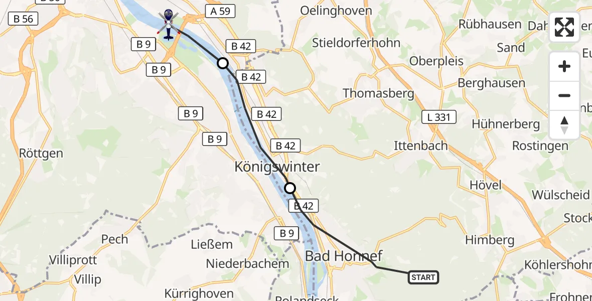 Flugroute Polizeihubschrauber Bad Honnef - Bonn, 08 Oktober 2026, 19:50