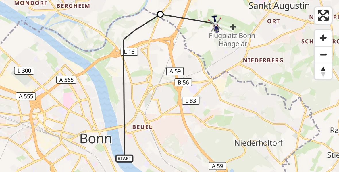 Flugroute Polizeihubschrauber Bonn - Bonn-Hangelar Flugplatz, 08 Oktober 2026, 19:55