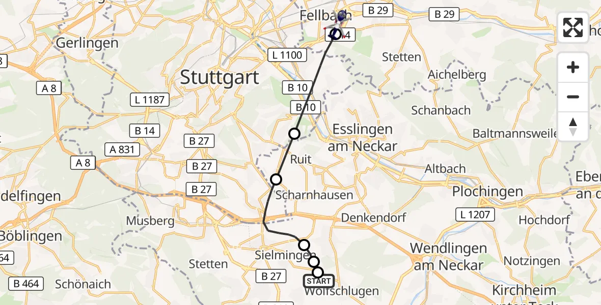 Flugroute Polizeihubschrauber Wolfschlugen - Fellbach, 08 Oktober 2026, 20:54