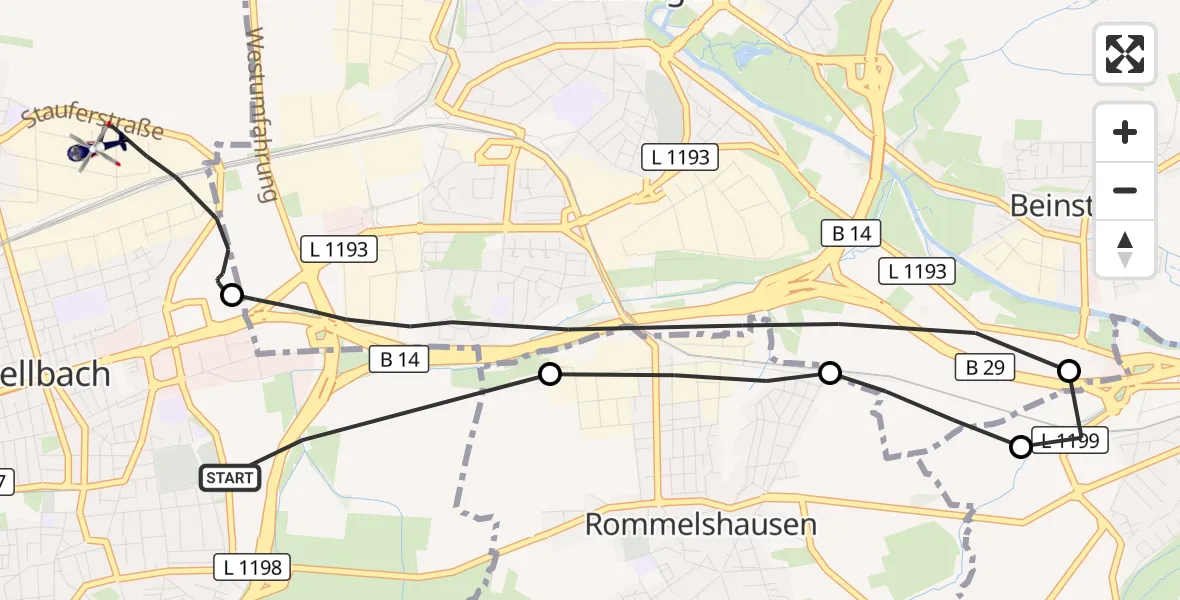 Flugroute Polizeihubschrauber Fellbach - Fellbach, 08 Oktober 2026, 21:05