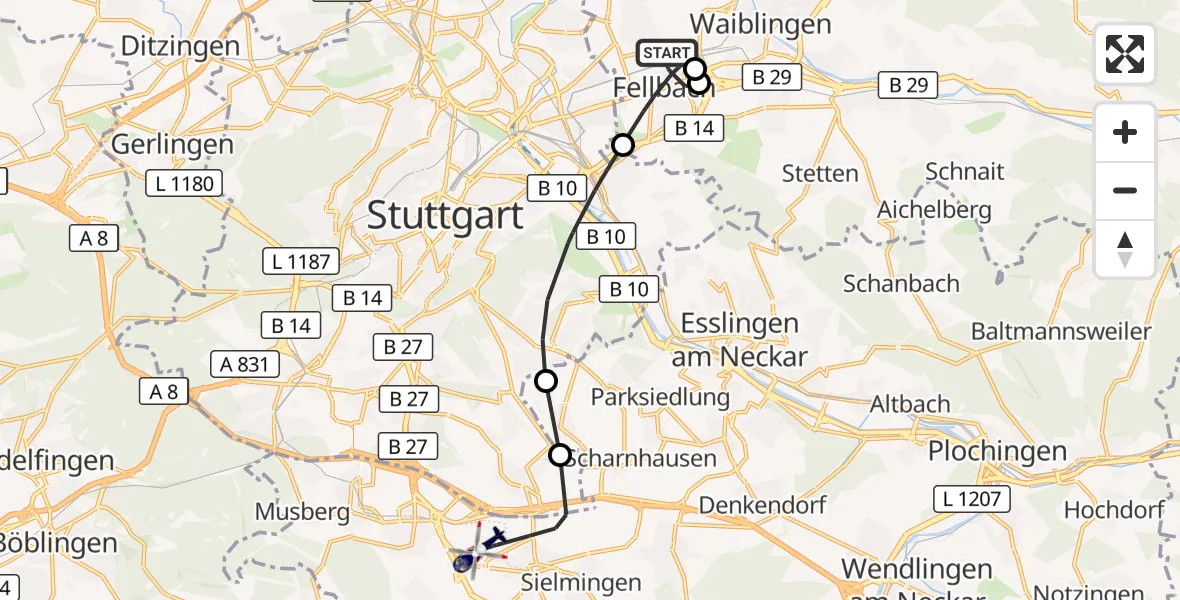 Flugroute Polizeihubschrauber Fellbach - Flughafen Stuttgart, 08 Oktober 2026, 21:17