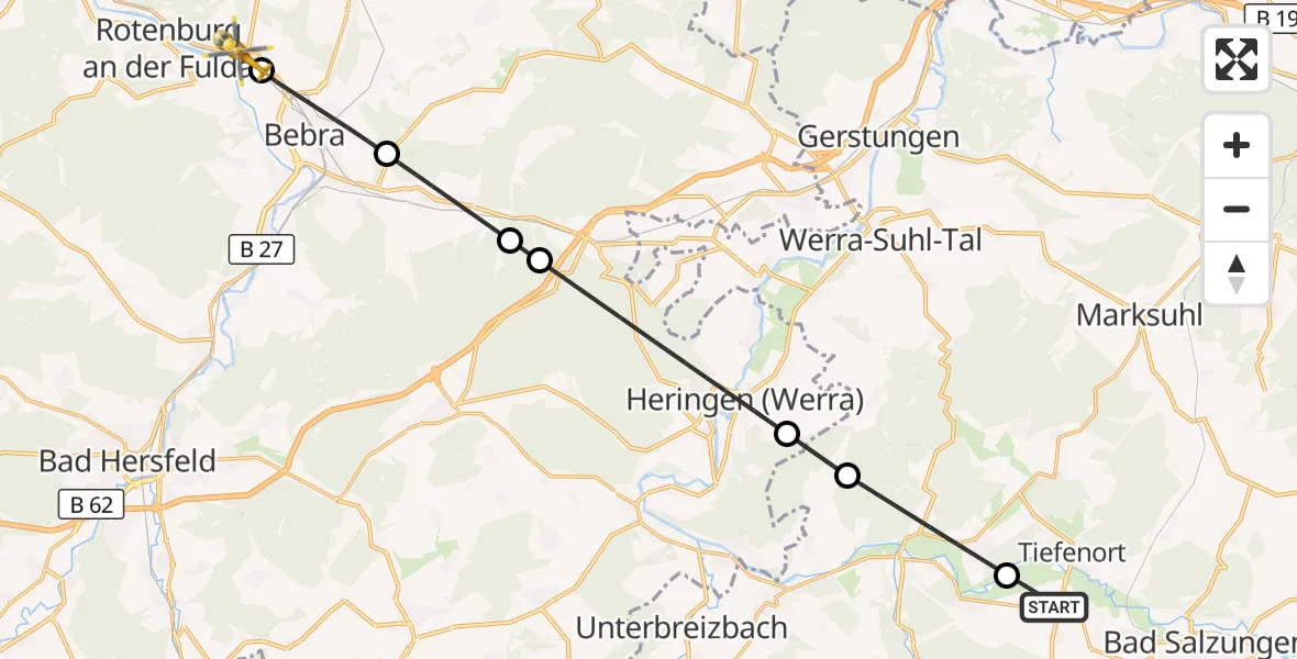 Flugroute Ambulanzhubschrauber Bad Salzungen - Rotenburg a.d.Fulda, 08 Oktober 2026, 21:25