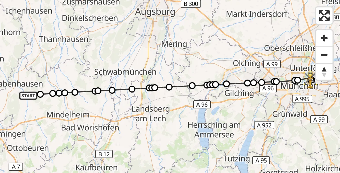 Flugroute Rettungshubschrauber Oberschönegg - München Bogenhausen Hospital, 08 Oktober 2026, 23:02