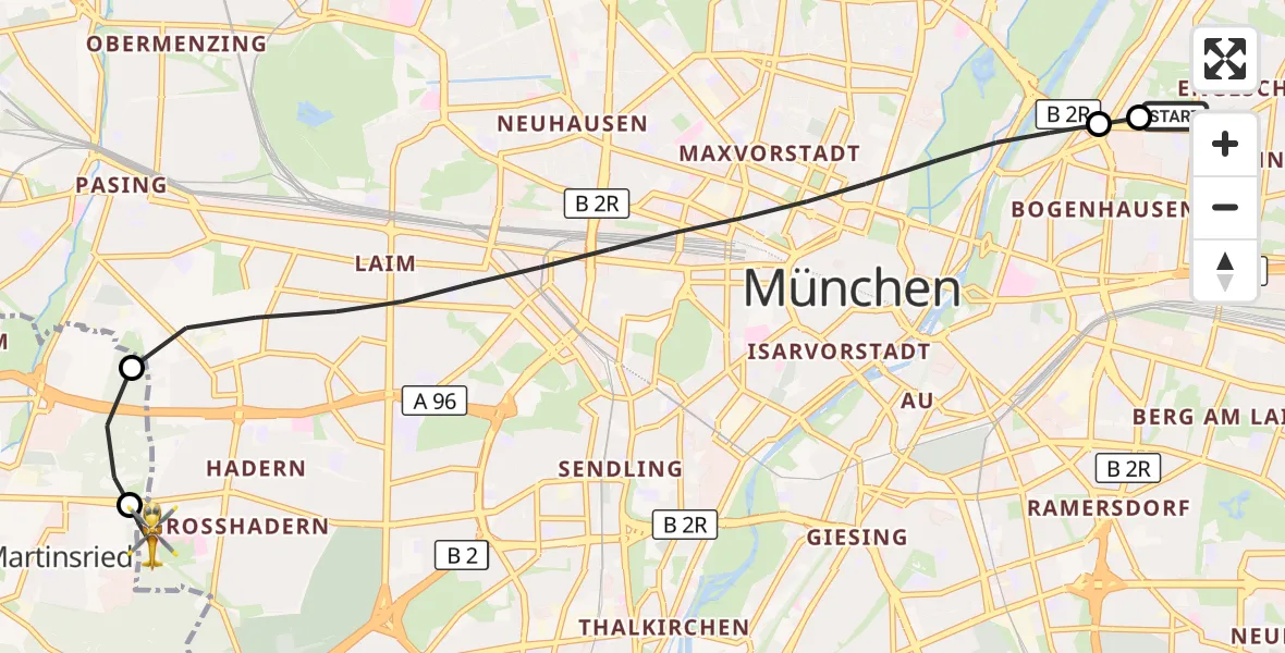 Flugroute Rettungshubschrauber München Bogenhausen Hospital - DRF Air Rescue München Hubschrauberlandeplatz, 08 Oktober 2026, 23:55