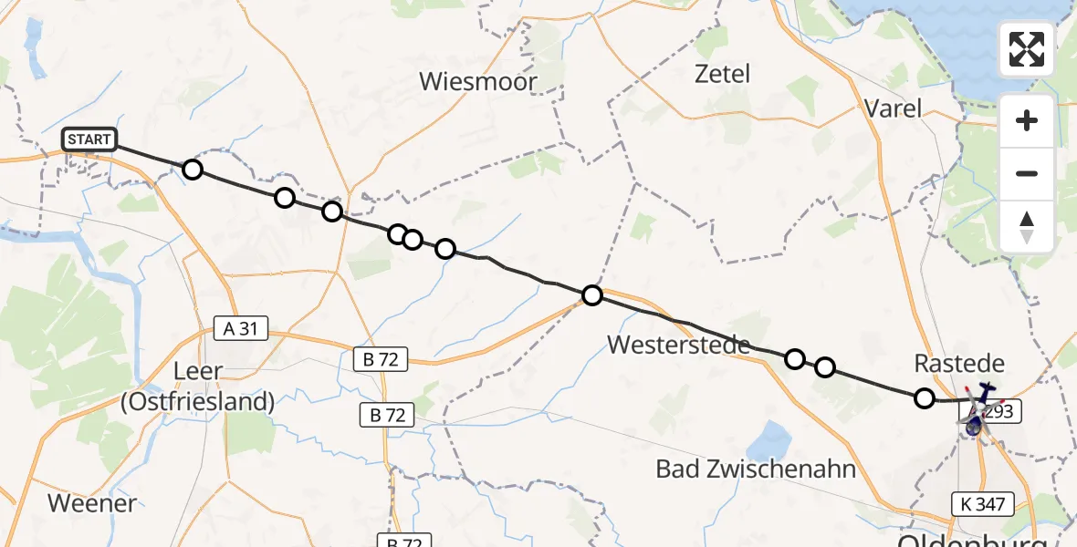 Flugroute Polizeihubschrauber Ihlow - Rastede, 09 Oktober 2026, 00:17