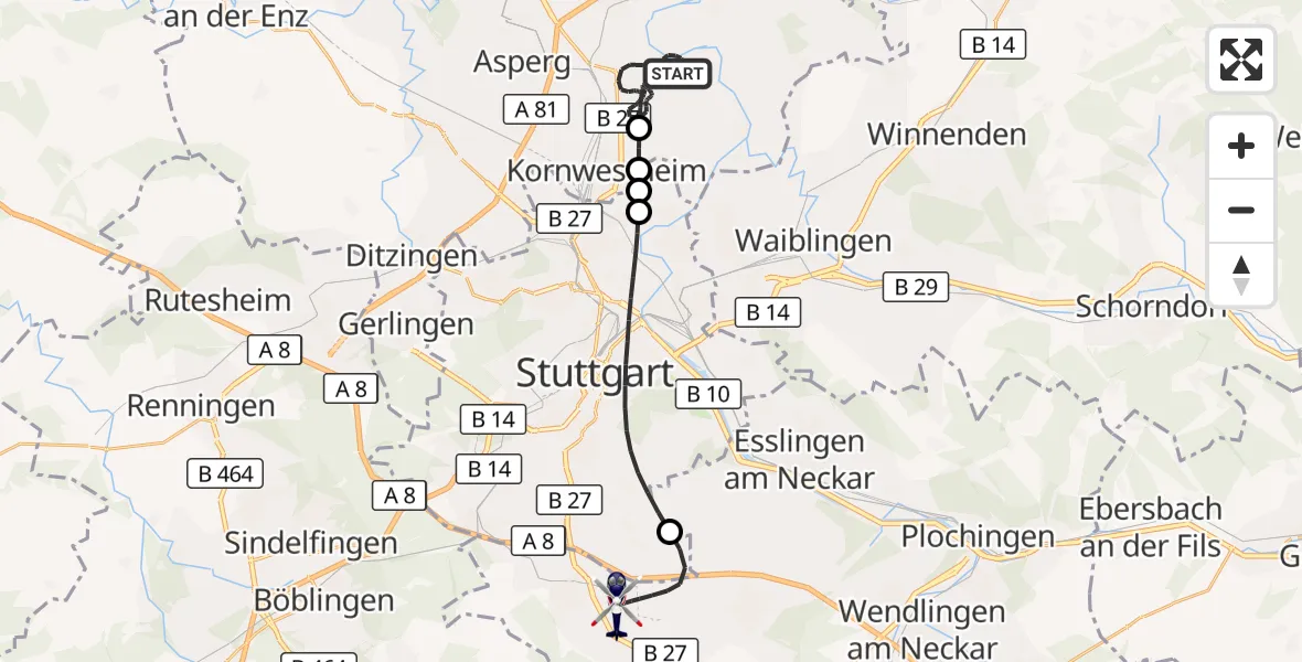Flugroute Polizeihubschrauber Ludwigsburg - Flughafen Stuttgart, 09 Oktober 2026, 00:24