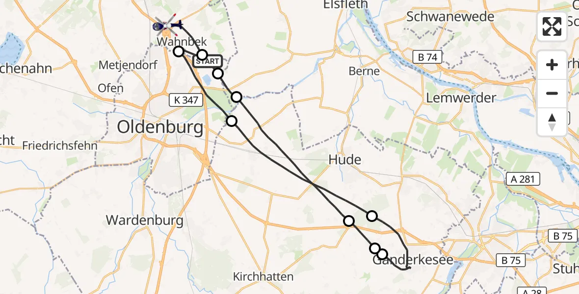 Flugroute Polizeihubschrauber Rastede - Rastede, 09 Oktober 2026, 04:00