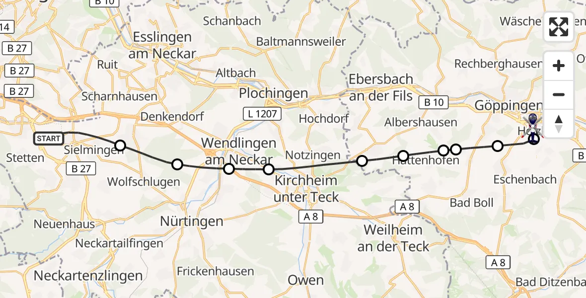 Flugroute Polizeihubschrauber Flughafen Stuttgart - Göppingen, 09 Oktober 2026, 05:01