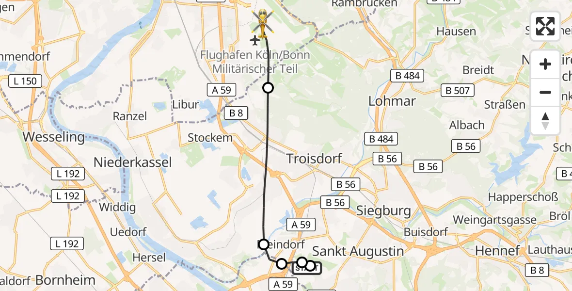Flugroute Rettungshubschrauber Sankt Augustin - Köln Bonn Flughafen, 09 Oktober 2026, 05:23
